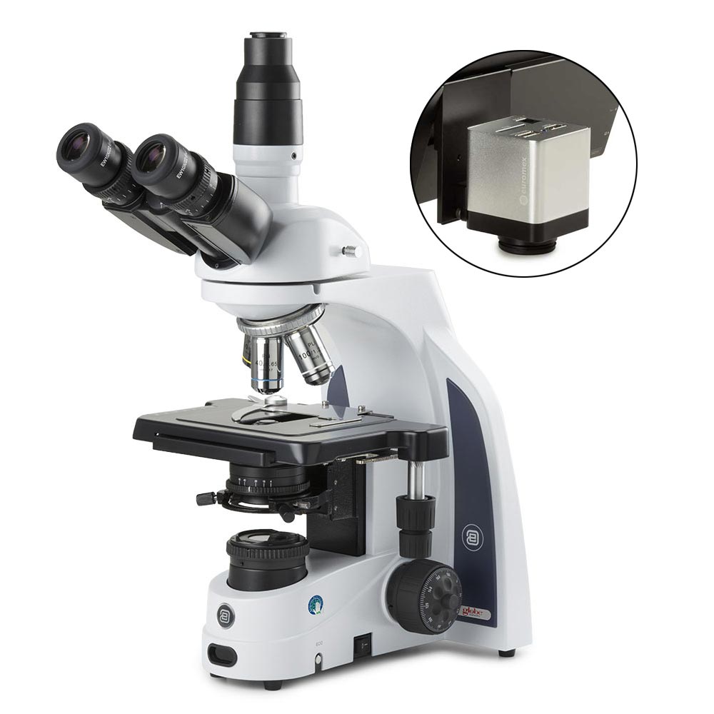 Globe Scientific iScope trinocular microscope with EWF 10x/22mm eyepieces, PLI plan 4/10/S40/S100x oil IOS objectives, rackless stage and 3W NeoLED™ Köhler illumination, with HD-Mini camera, color High definition 2MP high speed camera with 13 inch HD screen, 1280 x 1080p, stand-alone usage with standard 32GB SD card, HDMI output. With built-in mouse-driven capture software Microscope;Trinocular;rackless stage;EWF;PLi
